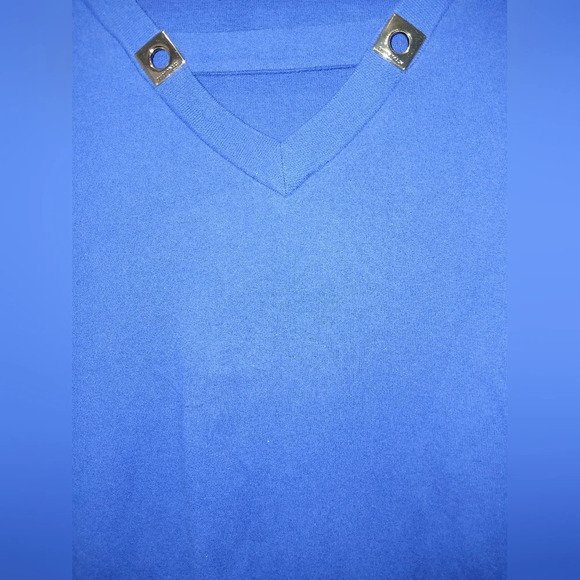 Ellen Tracy 100% Cotton Blue V-neck Cut-outs 3/4 Sleeve Shirt Size Large Casual - Picture 4 of 8